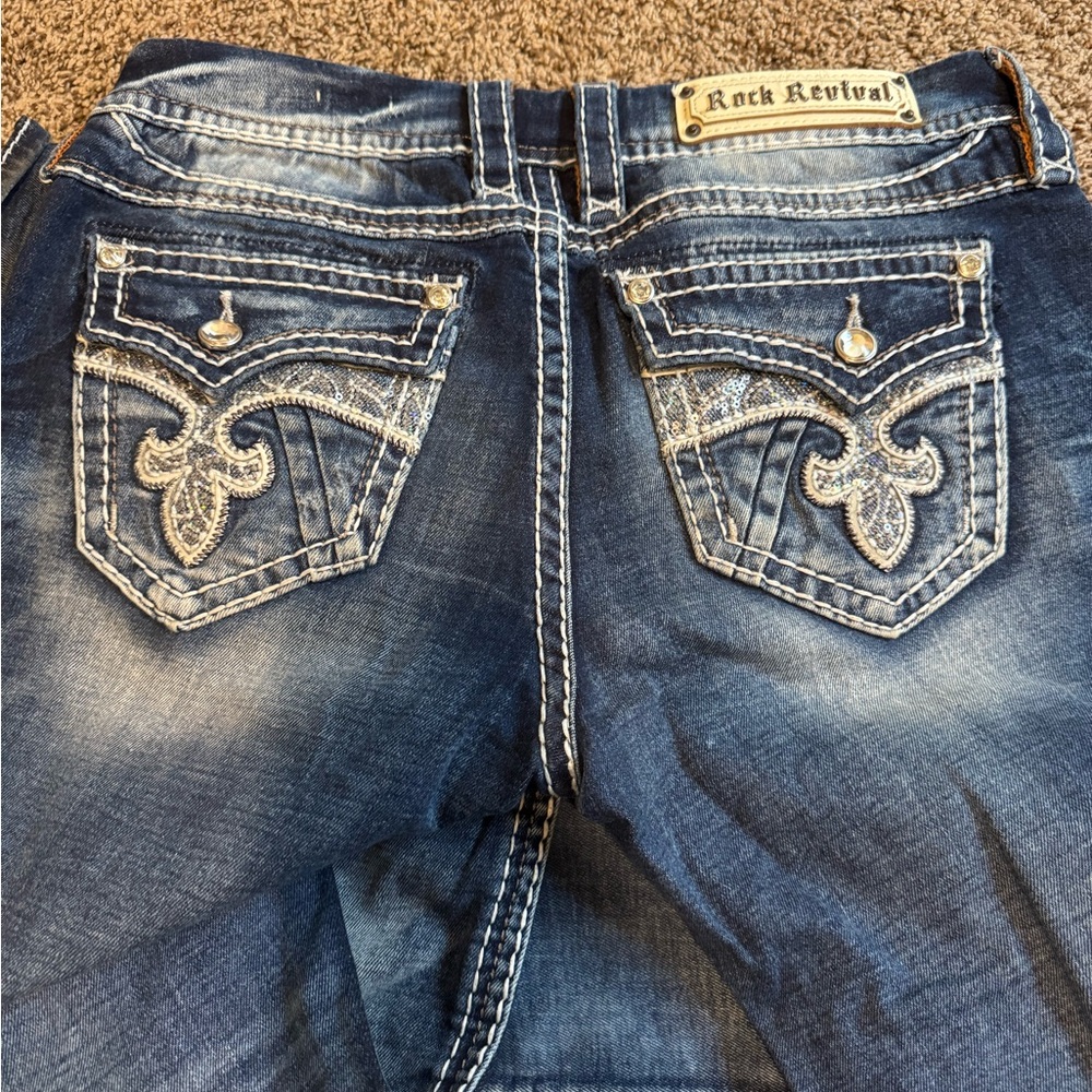 Rock Revival Blue Jeans with White Stitching